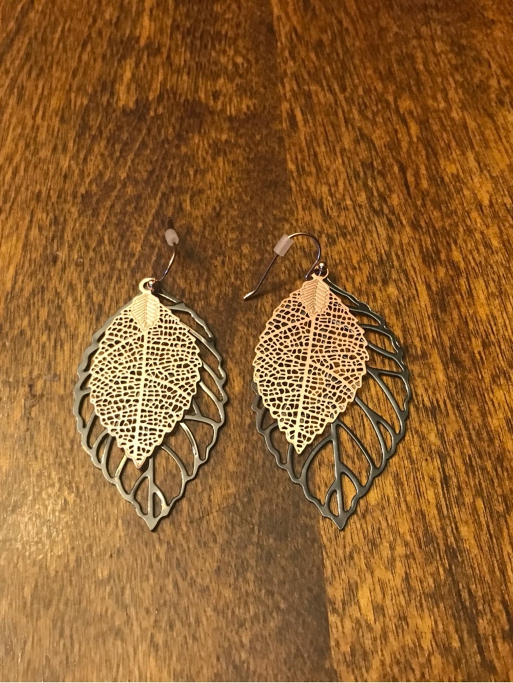 Avon Delicate Gold and Black Layered Leaf Drop Earrings - Women Jewelry